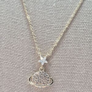 18k GP Saturn And Star Planet Pendant Necklace 16 Inches